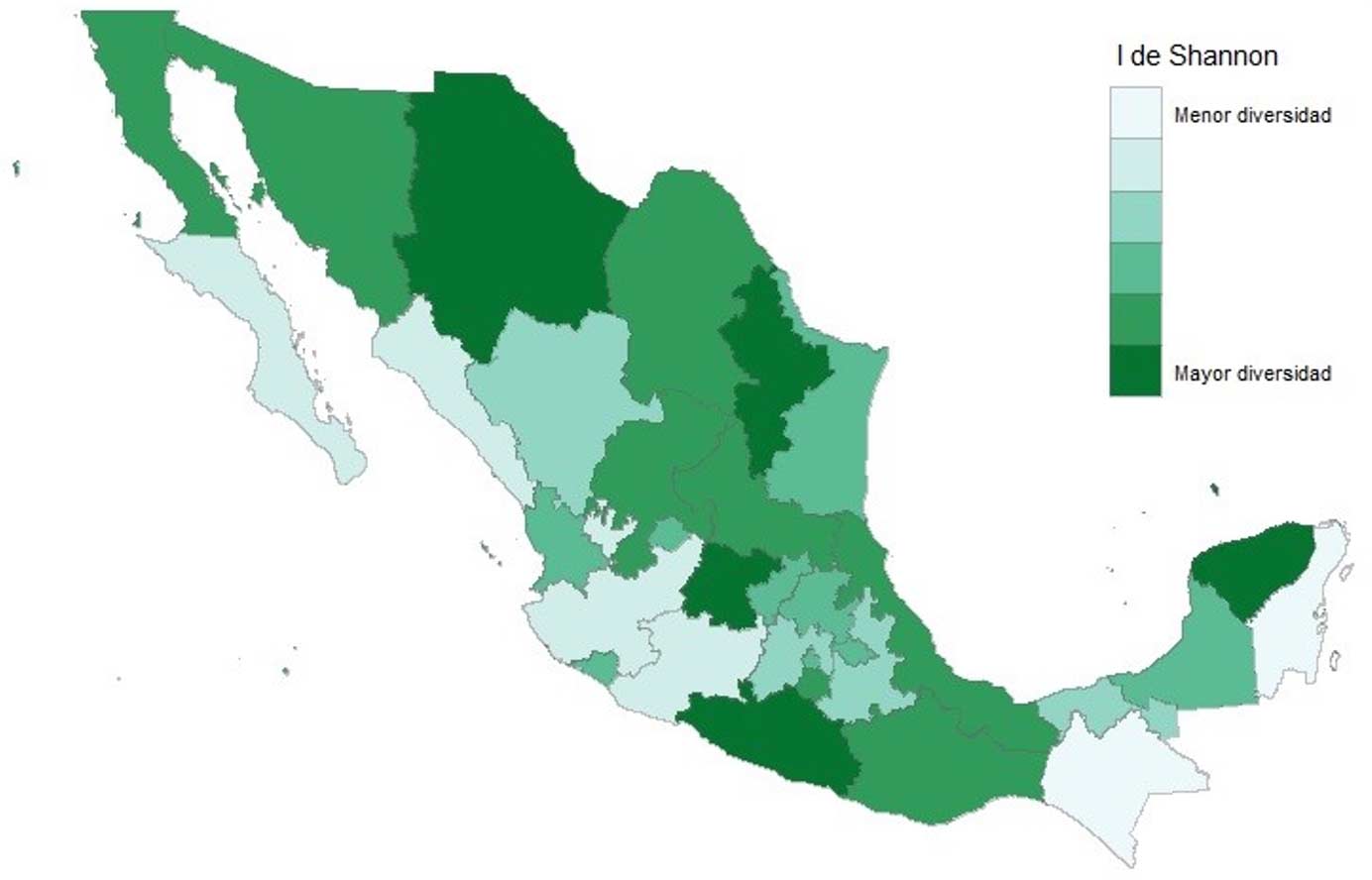 Mapa 1. Diversidad de agendas locales con el puntaje del Índice de Shannon